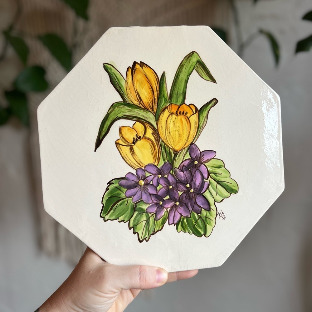 Vintage Hand-Painted Ceramic Trivet • Tulips Violets • Cottagecore Kitchen Decor
